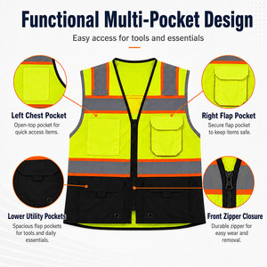 Gilet de sécurité fluorescent à multiples poches utilitaires zippées en maille avec bandes réfléchissantes pour entrepôt, travaux routiers et activités extérieures - Product Image 5