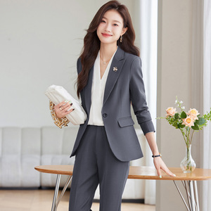Women Grey Suit Set Polyester Full Sleeve Anti-Wrinkle Office Lady Spring Formal Wear - Product Image 2