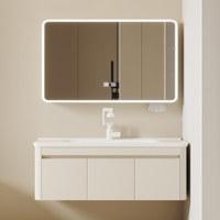 Meuble-lavabo de salle de bain flottant moderne, armoire en aluminium alvéolé avec vasque intégrée en céramique, miroir LED intelligent arrondi