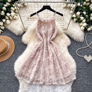 Vestido mini de verano para mujer, sin mangas, estilo imperio, con espalda descubierta y encaje - Product Image 1