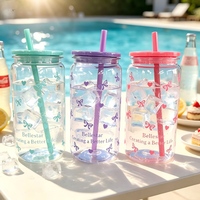 Gobelet en plastique PC de 500 ml (16,9 oz) avec logo personnalisé, motif nœud et cœur, avec paille, idéal pour café glacé, jus, voyages et fêtes