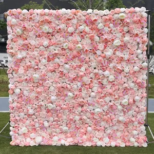 Roll Up Flower Wall Silk Pink Rose Artificial Backdrop Flower Panels Flower Backdrop With Green Leaf