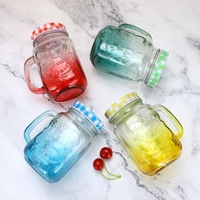 Bouteille d'eau en verre dégradé avec motif coq, couvercle anti-fuite et poignée, style Mason transparent