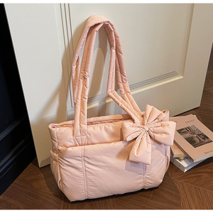 Borsa tote da donna in cotone con fiocco - Stile giapponese e coreano, grande capacità, leggera, morbida, tinta unita, casual, per uso quotidiano - Product Image 6