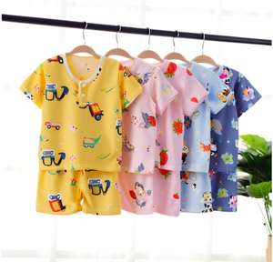 Ensemble de vêtements de maison unisexe 2 pièces pour le printemps et l'automne, chemise en coton tricoté à manches longues et pantalon pour bébés - Product Image 1