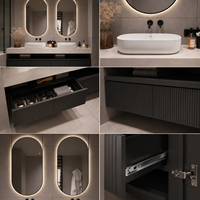 Meuble-lavabo double vasque de luxe flottant avec miroirs LED jumeaux, armoire murale cannelée foncée et étagère ouverte pour projets hôteliers