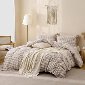 Parure de lit de luxe en coton lavé aspect lin, motif Gingham, douce et respirante, avec taies <span class=keywords><strong>d</strong></span>'<span class=keywords><strong>oreiller</strong></span>, taille Queen, couleur Tan, pour chambre à coucher - Product Image 1