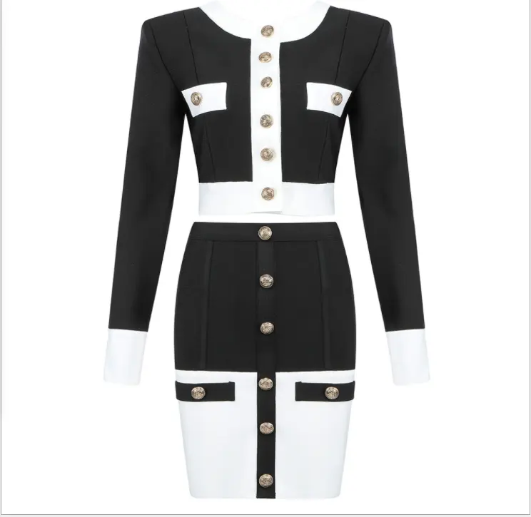 2021 new style celebrity temperament gold button black and white color matching short cardigan + hip skirt bandage suit