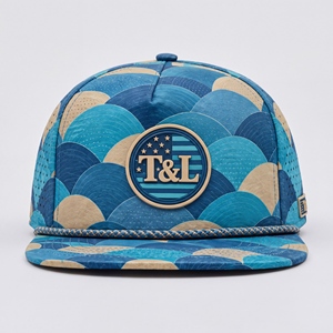 Casquette de golf Snapback à visière plate, motif écailles de poisson, bleu beige, avec patch PVC imperméable, cordon, 5 panneaux, perforations laser, respirante, pour hommes et femmes - Product Image 2