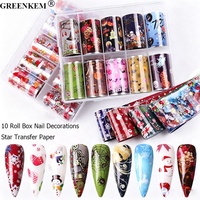 Boîte de 10 rouleaux de 4 cm – Autocollants de transfert pour ongles Noël et Halloween – Motifs variés – Décoration de manucure – Papier de transfert étoiles pour ongles