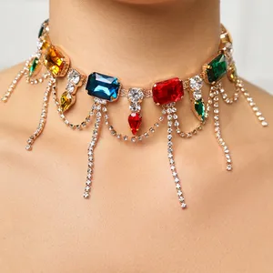 时尚气质水晶锁骨链重钻石精银声明钻石流苏项链女性饰品