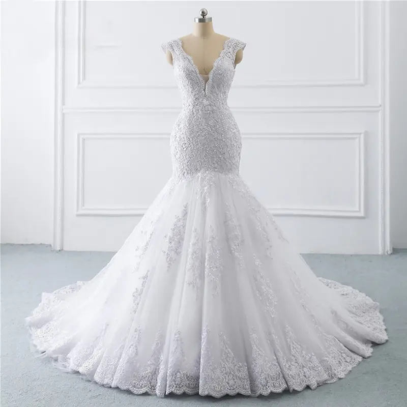 2021 New Fashion Customize Sexy V neck Mermaid Wedding Dresses Real Picture Applique Lace Fish tail Bridal Gowns