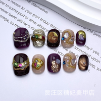 Ongles à presser réutilisables de luxe, faits main, en métal baroque violet rétro avec chaîne de pierres précieuses