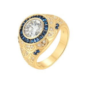 Classic Yellow <b>Gold</b> Moissanite <b>Cocktail</b> <b>Ring</b> Round Brilliant Cut Bezel Setting Flower Pattern Women's Engagement Jewelry - Product Image 1