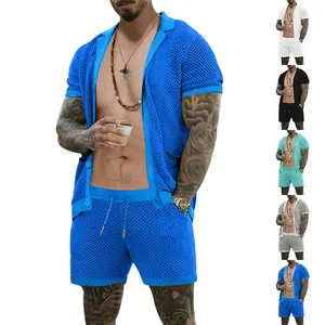 2024 Amazon ngắn tay Quần Short phù hợp với nam giới lỗ mát mẻ vải ve áo sơ mi ngắn tay phù hợp với nam giới mùa hè hai mảnh
