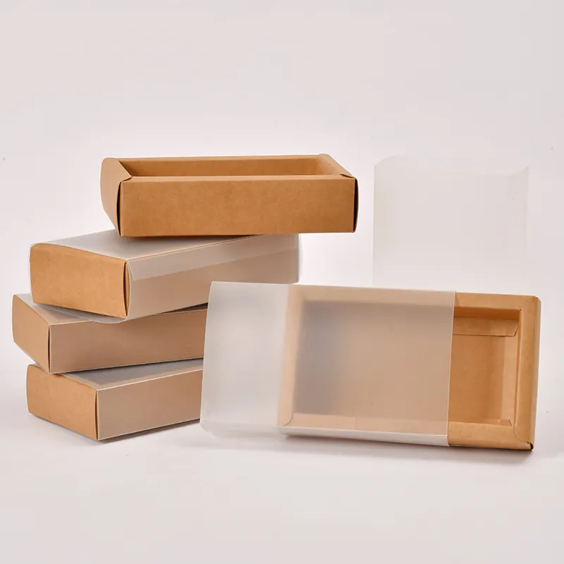 Caja de embalaje con logotipo personalizado, caja de cajón Kraft, caja de embalaje de cartón de papel Kraft con tapa de plástico transparente de Pvc