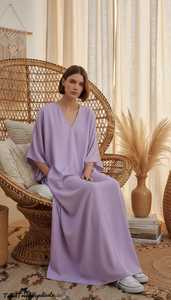 Women's Lavender Linen Maxi Caftan Regular Fit V-Neck Boho Lounge <b>Dress</b> Party Wear Knitted Fabric Eco-Friendly <b>Belt</b> B2B - Product Image 2
