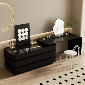 Coiffeuse rétractable de luxe avec rangement à six compartiments et miroir Coiffeuse à maquillage en bois massif pour chambre à coucher - Product Image 1