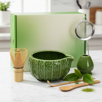 Ensemble de matcha en céramique vert clair Cactus, comprenant un chasen, une cuillère en bambou, un tamis, un support - Design zen asiatique de qualité alimentaire, kit de matcha 6 pièces