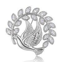Broche personnalisée en métal en forme de colombe de la paix, en alliage plaqué argent et or, avec strass