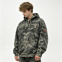 Hoodie Zip Camo Heavyweight Sun Faded Vintage Wash dengan Bordir Bunga, Pakaian Merek Fashion Pria Grosir