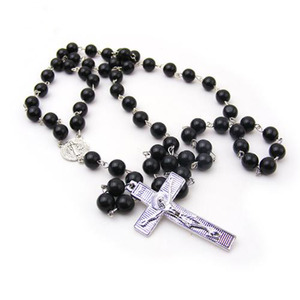 Mais Populares 8 mm Beads Jesus Cristo Crucifixo Cruz Católica Preto Beads Rosário Colar Feito À Mão para Homens - Product Image 1