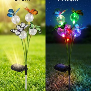 ไฟสวนรูปผีเสื้อพลังงานแสงอาทิตย์ LED เปลี่ยนสีได้ สำหรับตกแต่งสนามหญ้ากลางแจ้ง กันน้ำ พร้อมเสาปัก - Product Image 1