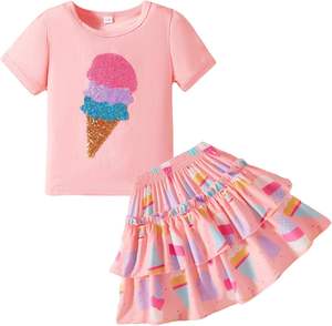 Conjunto de Falda para Niñas Pequeñas, Conjunto de 2 Piezas con Top de Manga Corta y Falda con Volantes, Ropa de Primavera/Verano para Niñas - Product Image 4