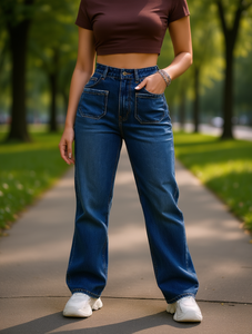 Jean taille haute ample à jambe large pour femme, longueur intégrale, en denim délavé, style décontracté, 100% coton, XL 35 - Product Image 2