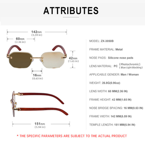 Lunettes de soleil photochromiques sans monture 2025, style haute couture vintage rétro, verres taillés diamant, branches effet bois, protection UV400 - Product Image 3