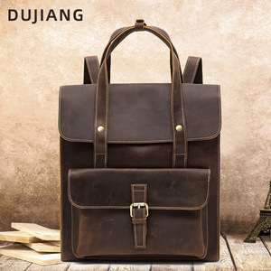 Dujiang Genuine Leather <b>Backpack</b> 20L Large Capacity Men's Business Travel Bag Solid Color Crazy Horse <b>Brown</b> - Product Image 1