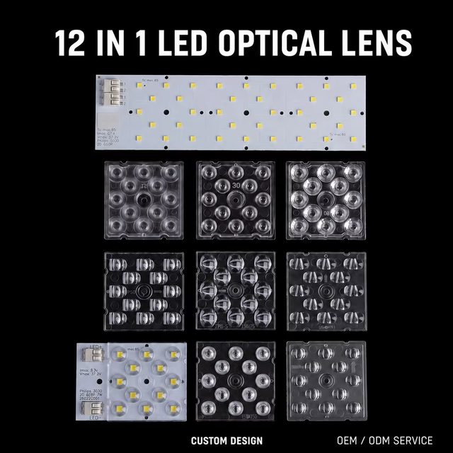 Custom 12 in 1 LED Optical Lens 50x50mm Square Array PC High Transmittance for Street Light Flood Light