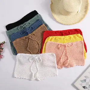 Mùa Hè Sexy Phụ Nữ Đồng Bằng Bơi Lội Thân Crochet Knit Quần Short Nữ Băng Đồ Bơi Bơi Ngắn Crochet Đáy Sexy Đồ Bơi Mới