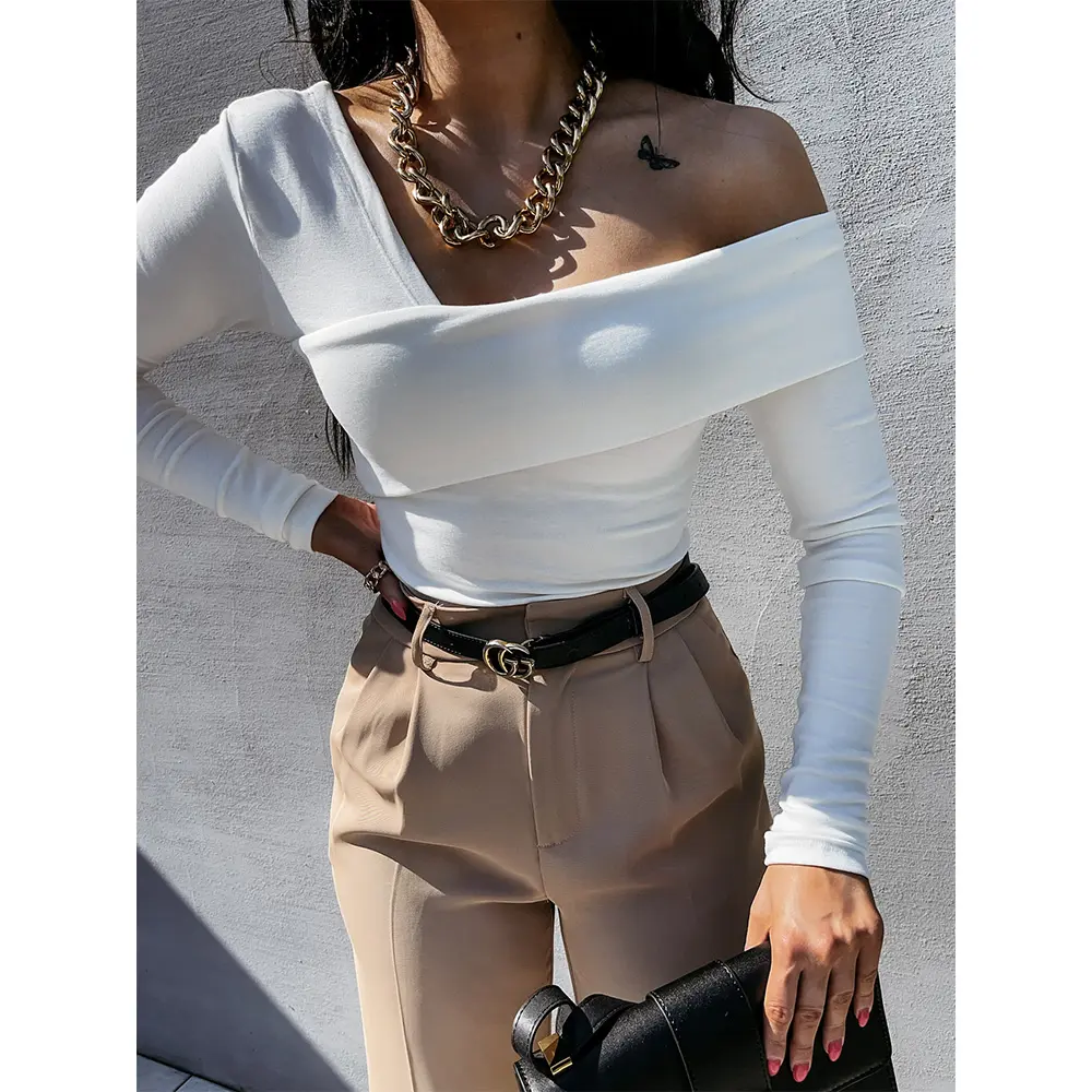 Sexy Long Sleeve White T-Shirt One Shoulder Tops For Women