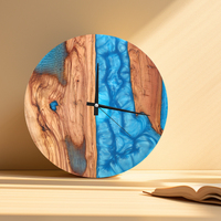 Jam Dinding Elektrik Art Deco Resin Epoksi Biru & Kayu Zaitun Buatan Tangan Seperti Gambar, Dekorasi Rumah Ruang Tamu yang Dapat Disesuaikan