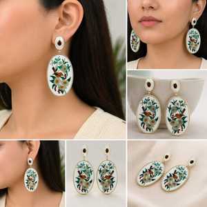 18K <b>Gold</b> Plated Korean Inlay Bird Floral Diamond Drop Statement <b>Earrings</b> Handmade for Women - Product Image 3