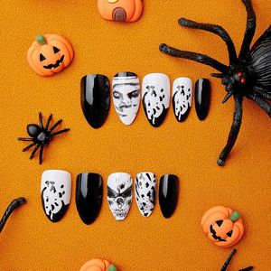 Blanco y Negro Ongles Artificiel Manicure Skull Almond <span class=keywords><strong>Impress</strong></span> Nail Fashion Halloween Luxury Press On Nails - Product Image 2