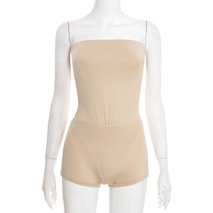 Women Sleeveless <strong>Strapless</strong> <strong>Bodysuit</strong> Top + Skinny Low Waisted Short Pants Two Piece Set - Product Image 4