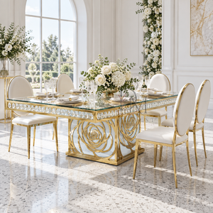 Elegant Gold Stainless Steel <b>Mirrored</b> Glass Dining Table <b>Crystal</b> Trim Floral Pedestal Base for Wedding Banquet - Product Image 4