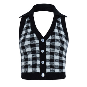 Summer women's new street fashion irregular pattern contrasting color hanging neck deep V-neck sexy <b>backless</b> cardigan tank <b>top</b> - Product Image 2