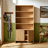 Bibliothèque en bois de chêne massif à 2 portes, étagères ouvertes, sans poignées, style nordique minimaliste, pour salon, bureau à domicile