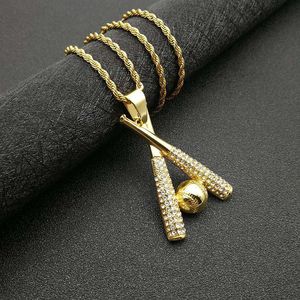 Gold <b>Baseball</b> <b>Bat</b> Pendant Necklace Stainless Steel Chain Pave Setting Hip Hop Jewelry - Product Image 1
