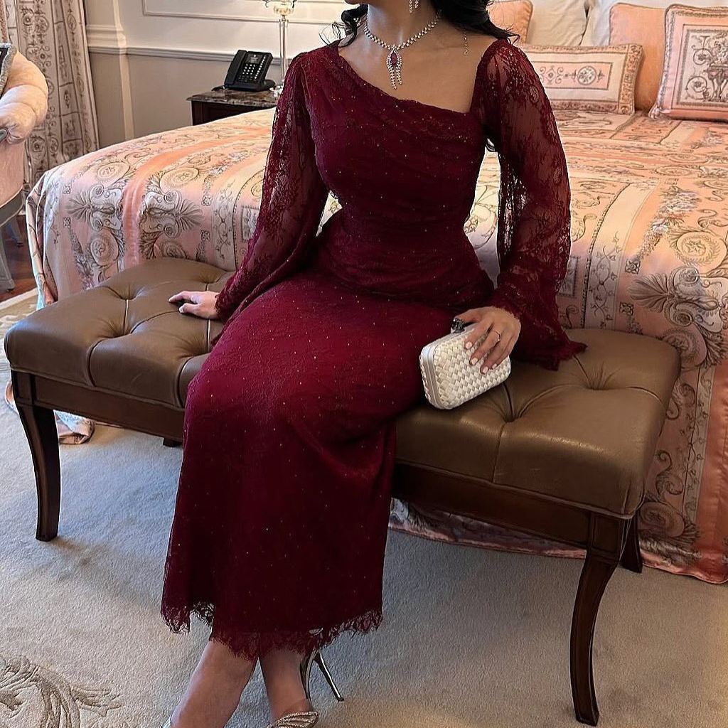 chinese dress ladies Burgundy Lace Cocktail Dresses Tea-Length Vestido de coctail   loveangeldress