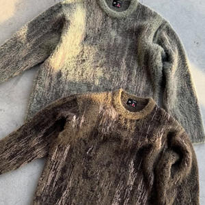 Maglione in pelliccia di cotone Oversize in Cashmere da uomo con stampa digitale strappata Vintage e ritagliata senza cuciture - Product Image 1