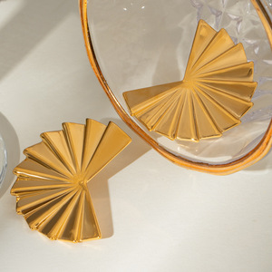 Geometric Pleated Fan Shape <b>Stud</b> <b>Earrings</b> 18k Gold Stainless Steel Everyday Wear - Product Image 2