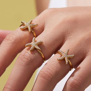 Women's Trendy Gold Plated Stainless Steel Jewelry <b>Set</b> Starfish Zircon Necklace <b>Bracelet</b> Earrings Rings Engagement Wedding Party - Product Image 3