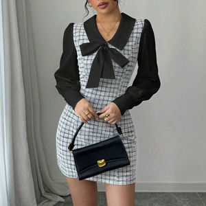 Femme Noir Blanc Tweed Plaid Longsleeve Puff Bodycon Mini Dress Evening Gown Formal Party Office Lady - Product Image 1