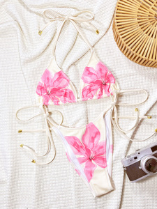 Conjunto de Bikini Sexy con Estampado Floral y Cordones, Traje de Baño Triangular con Logotipo Personalizado, Traje de Baño de Lujo para Mujer - Product Image 4
