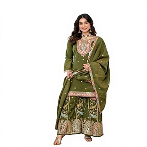Nuevo Conjunto de Fiesta Gujarati para Mujer, Diseño de Alta Costura, Top Nc Vichitra con Pantalones Palazzo y Dupatta Bordado, Elástico, Antiarrugas y Reversible - Product Image 1