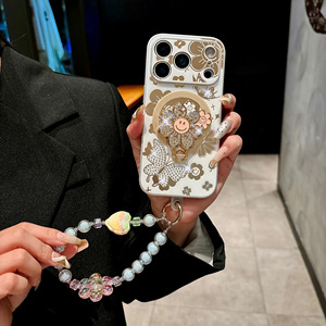 Cho Iphone 17 16 Pro Max Cộng Với Dễ Thương Hoa Kim Cương Rhinestone Bướm Từ Đứng Chủ Ngọc Trai Cổ Tay Chuỗi Điện Thoại Trường Hợp Bìa - Product Image 5